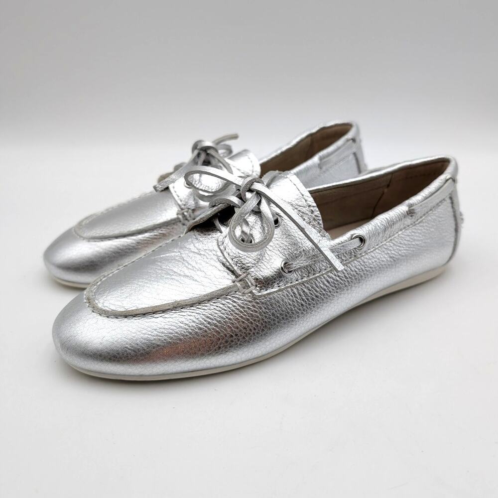 Nine West Yacht Lace-Up Boat Shoes Round Toe Women's Silver Size US9.5M EU40
